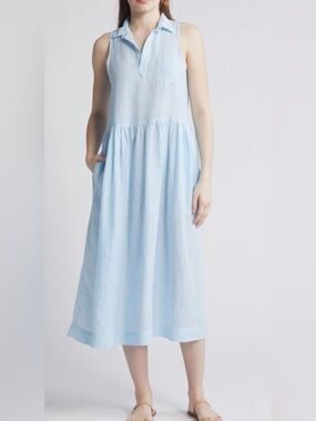 Frank & Eileen Daphne Linen Maxi Shirtdress Collared Sleeveless Blue Teal Small